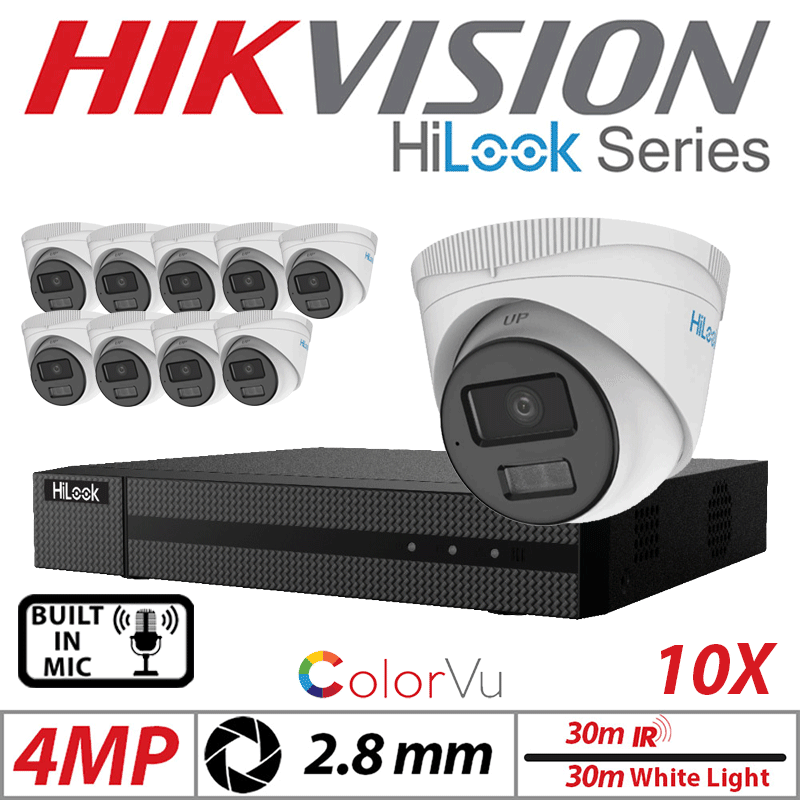 4MP 16CH HIKVISION HILOOK IP KIT - 10X DOME IP POE OUTDOOR COLORVU CAMERA WITH SMART HYBRID LIGHT 2.8MM WHITE