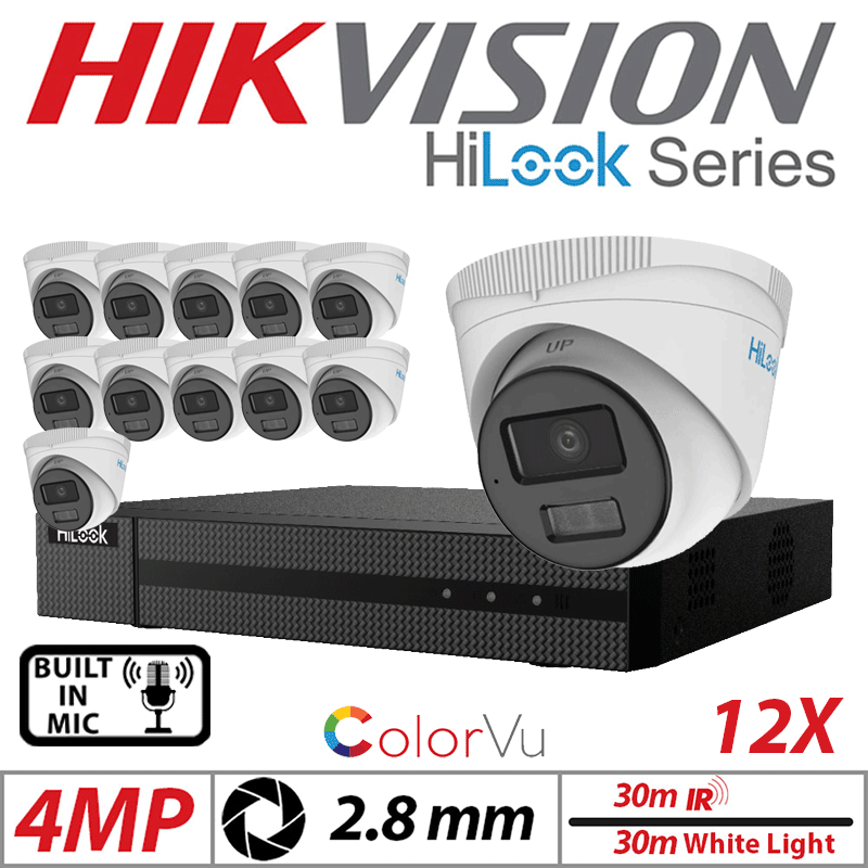 4MP 16CH HIKVISION HILOOK IP KIT - 12X DOME IP POE OUTDOOR COLORVU CAMERA WITH SMART HYBRID LIGHT 2.8MM WHITE