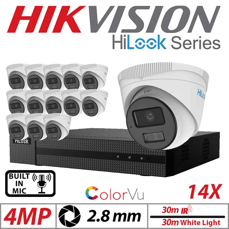 4MP 16CH HIKVISION HILOOK IP KIT - 14X DOME IP POE OUTDOOR COLORVU CAMERA WITH SMART HYBRID LIGHT 2.8MM WHITE