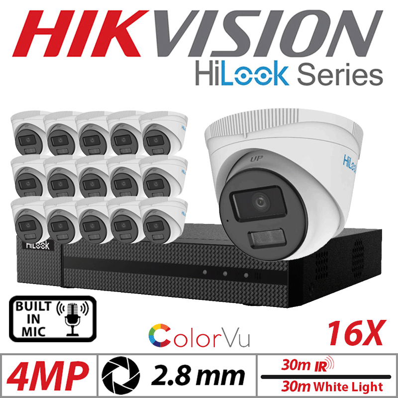 4MP 16CH HIKVISION HILOOK IP KIT - 16X DOME IP POE OUTDOOR COLORVU CAMERA WITH SMART HYBRID LIGHT 2.8MM WHITE