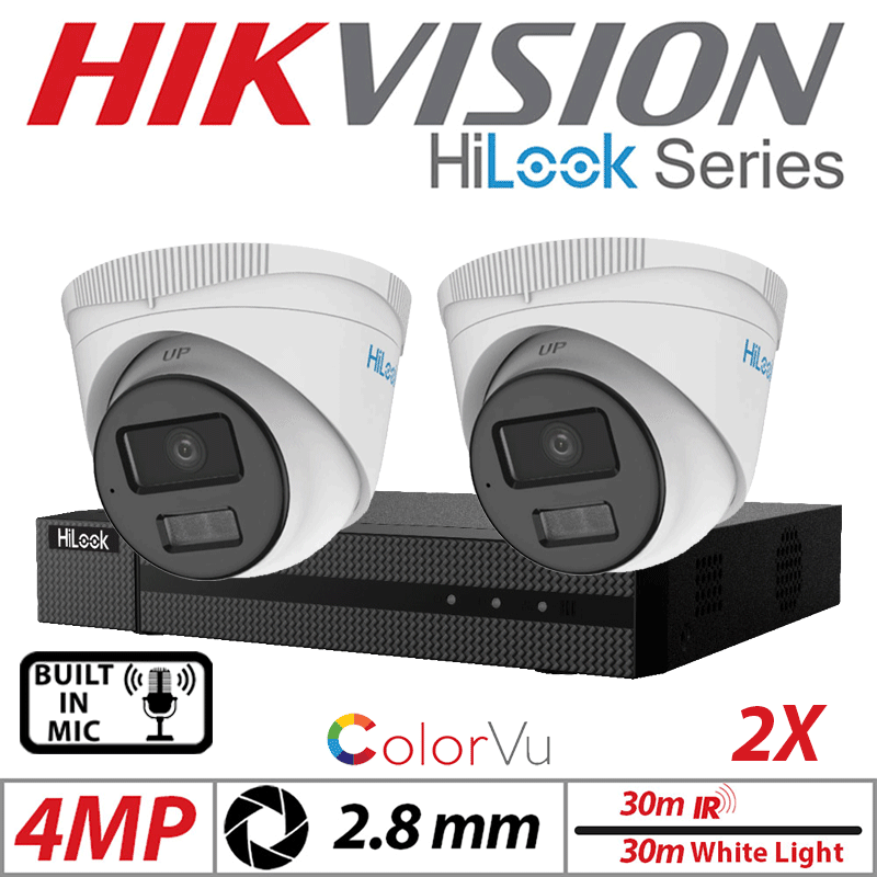 4MP 4CH HIKVISION HILOOK IP KIT - 2X DOME IP POE OUTDOOR COLORVU CAMERA WITH SMART HYBRID LIGHT 2.8MM WHITE