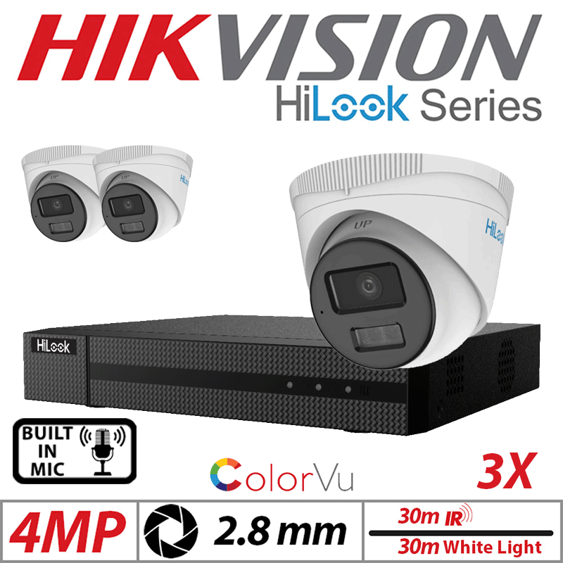 4MP 4CH HIKVISION HILOOK IP KIT - 3X DOME IP POE OUTDOOR COLORVU CAMERA WITH SMART HYBRID LIGHT 2.8MM WHITE