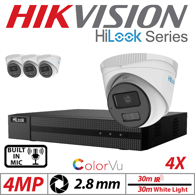 4MP 8CH HIKVISION HILOOK IP KIT - 4X DOME IP POE OUTDOOR COLORVU CAMERA WITH SMART HYBRID LIGHT 2.8MM WHITE