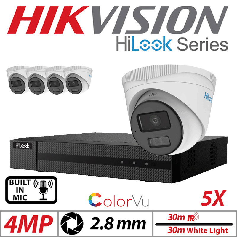 4MP 8CH HIKVISION HILOOK IP KIT - 5X DOME IP POE OUTDOOR COLORVU CAMERA WITH SMART HYBRID LIGHT 2.8MM WHITE