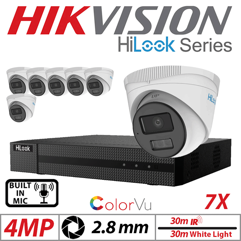 4MP 8CH HIKVISION HILOOK IP KIT - 7X DOME IP POE OUTDOOR COLORVU CAMERA WITH SMART HYBRID LIGHT 2.8MM WHITE