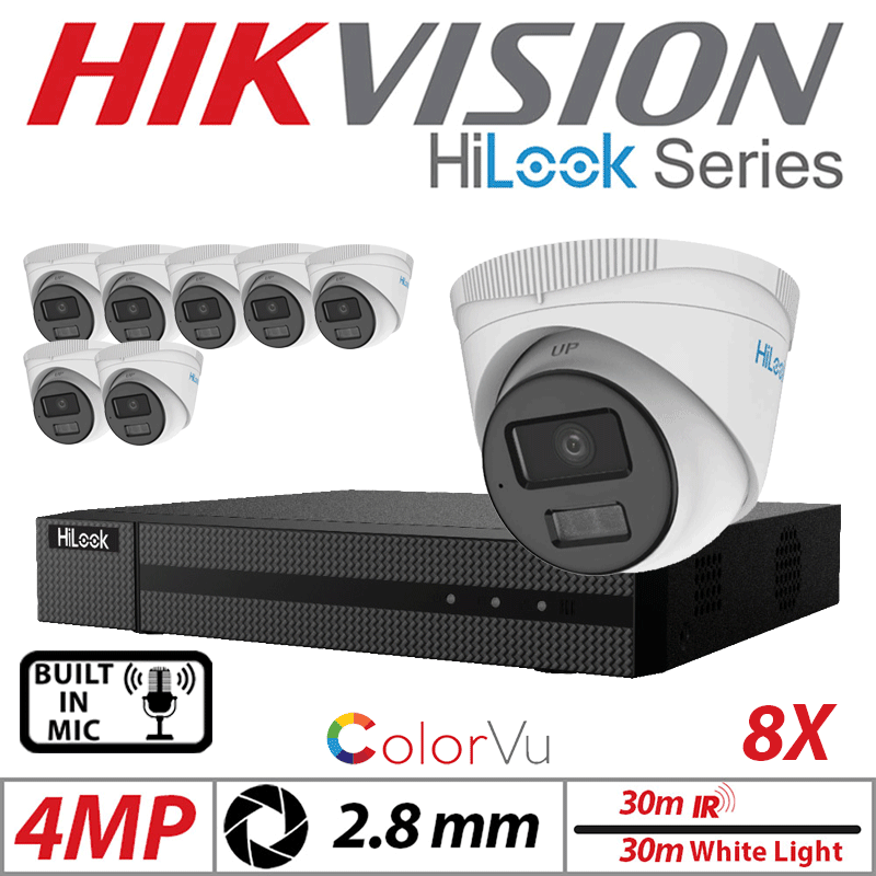 4MP 8CH HIKVISION HILOOK IP KIT - 8X DOME IP POE OUTDOOR COLORVU CAMERA WITH SMART HYBRID LIGHT 2.8MM WHITE