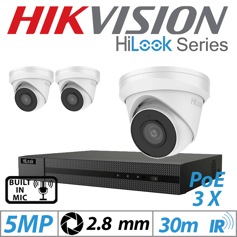 5MP 4CH HIKVISION HILOOK IP KIT - 3X DOME IP POE OUTDOOR CAMERA 2.8MM WHITE IPC-T250H-MU