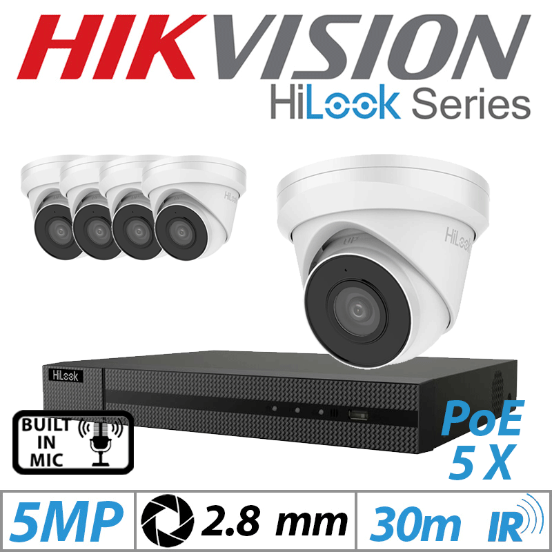 5MP 8CH HIKVISION HILOOK IP KIT - 5X DOME IP POE OUTDOOR CAMERA 2.8MM WHITE IPC-T250H-MU