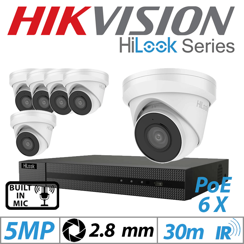 5MP 8CH HIKVISION HILOOK IP KIT - 6X DOME IP POE OUTDOOR CAMERA 2.8MM WHITE IPC-T250H-MU