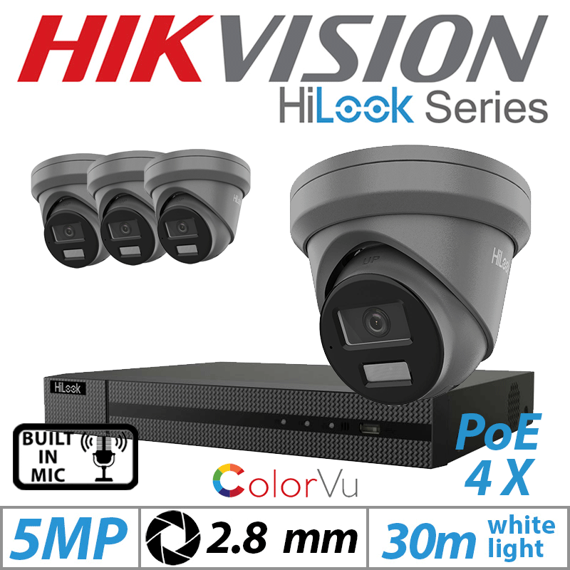 5MP 8CH HIKVISION HILOOK IP KIT - 4X DOME IP POE COLORVU OUTDOOR CAMERA WITH BUILT-IN MIC 2.8MM GREY IPC-T259H-MU(2.8MM)
