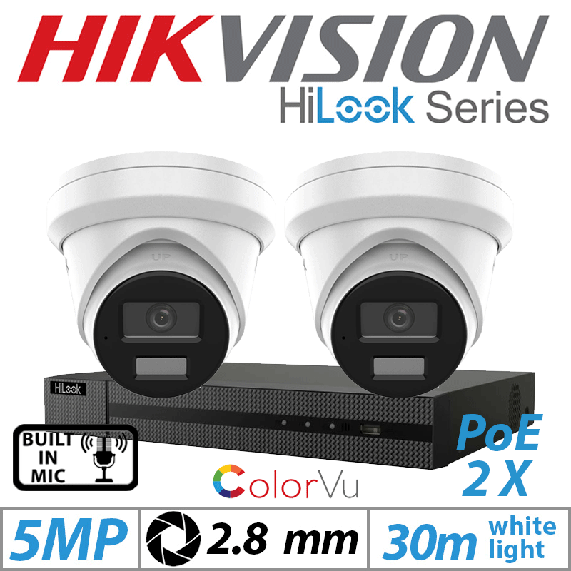 5MP 4CH HIKVISION HILOOK IP KIT - 2X DOME IP POE COLORVU OUTDOOR CAMERA WITH BUILT-IN MIC 2.8MM WHITE IPC-T259H-MU(2.8MM)