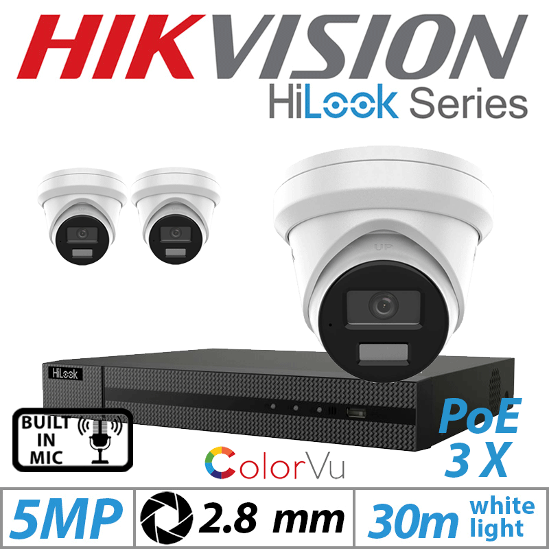 5MP 4CH HIKVISION HILOOK IP KIT - 3X DOME IP POE COLORVU OUTDOOR CAMERA WITH BUILT-IN MIC 2.8MM WHITE IPC-T259H-MU(2.8MM)