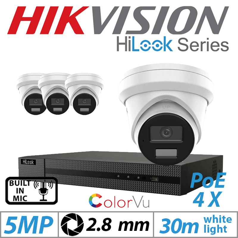 5MP 8CH HIKVISION HILOOK IP KIT - 4X DOME IP POE COLORVU OUTDOOR CAMERA WITH BUILT-IN MIC 2.8MM WHITE IPC-T259H-MU(2.8MM)