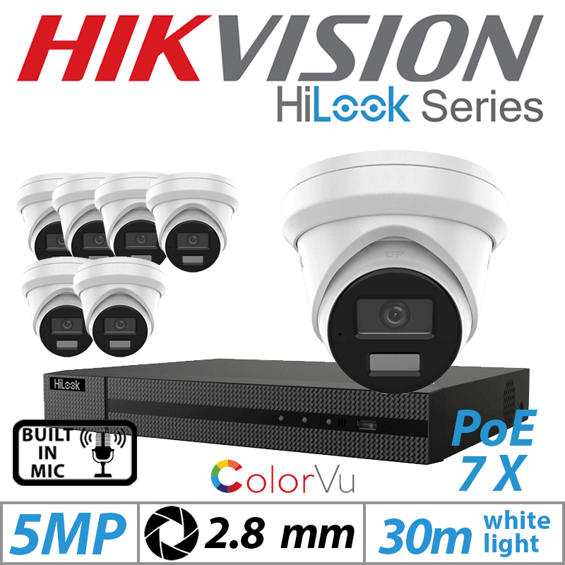 5MP 8CH HIKVISION HILOOK IP KIT - 7X DOME IP POE COLORVU OUTDOOR CAMERA WITH BUILT-IN MIC 2.8MM WHITE IPC-T259H-MU(2.8MM)