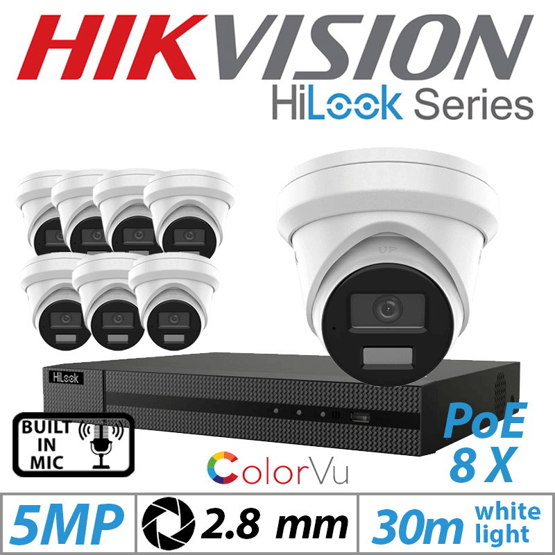 5MP 8CH HIKVISION HILOOK IP KIT - 8X DOME IP POE COLORVU OUTDOOR CAMERA WITH BUILT-IN MIC 2.8MM WHITE IPC-T259H-MU(2.8MM)