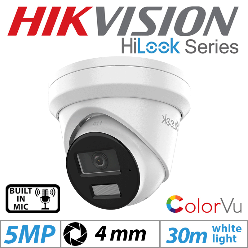 5MP HIKVISION HILOOK DOME IP POE COLORVU OUTDOOR CAMERA WITH BUILT-IN MIC 4MM WHITE IPC-T259H-MU(4MM)