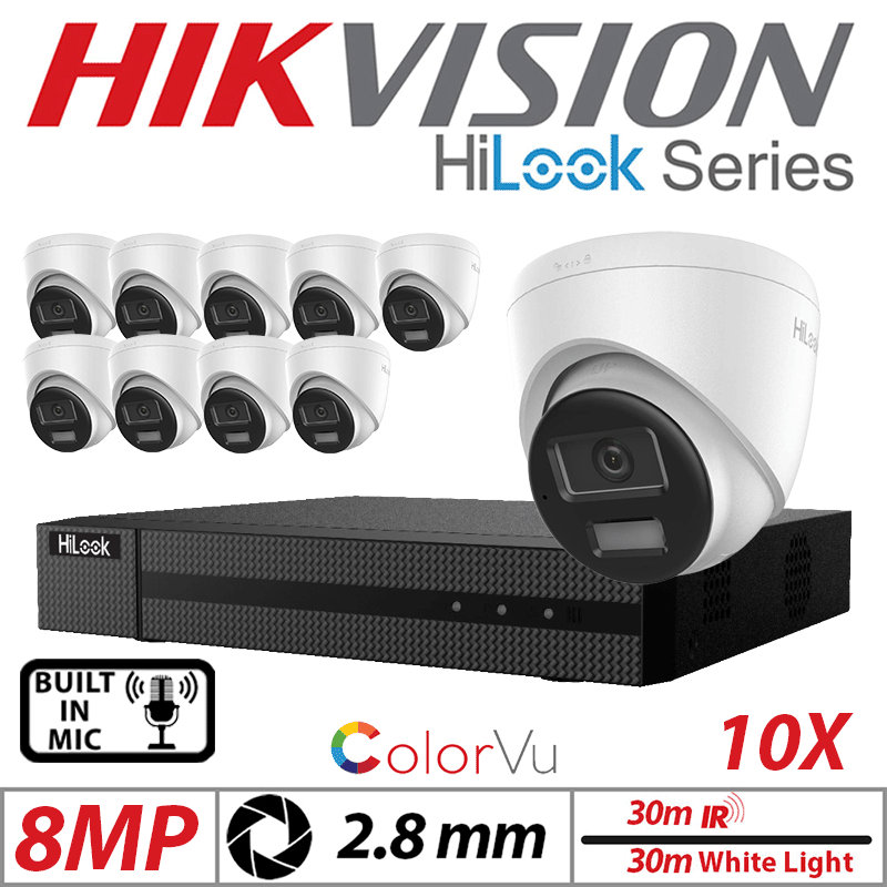 8MP 16CH HIKVISION HILOOK IP KIT - 10X DOME IP POE OUTDOOR COLORVU CAMERA WITH SMART HYBRID LIGHT 2.8MM WHITE