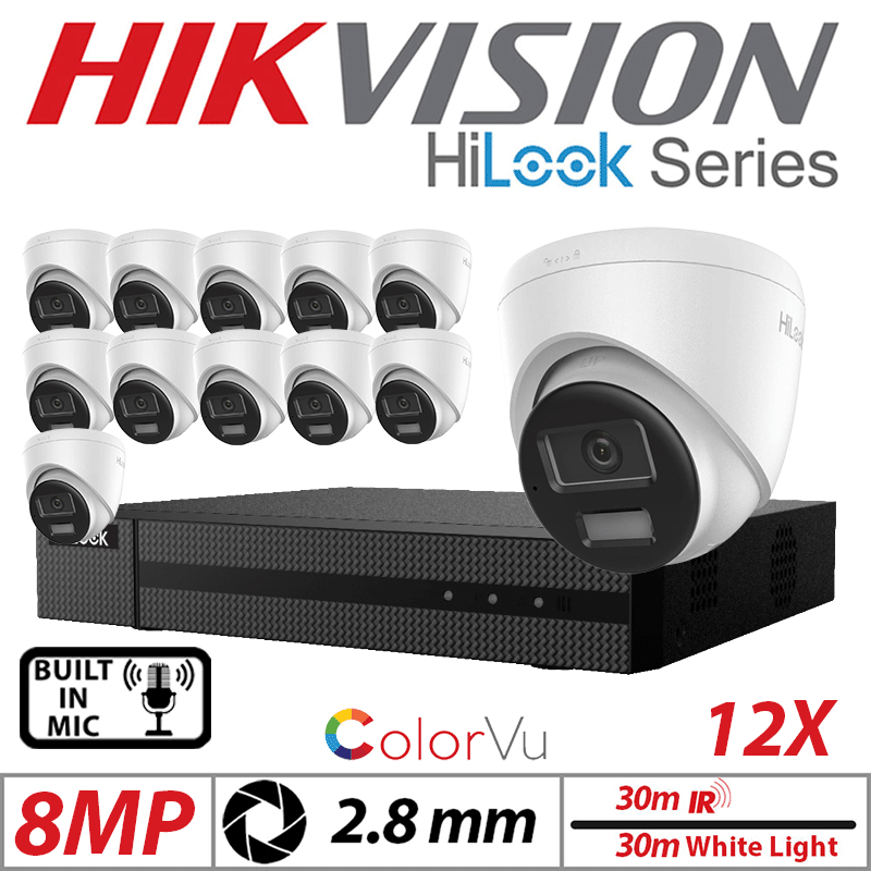 8MP 16CH HIKVISION HILOOK IP KIT - 12X DOME IP POE OUTDOOR COLORVU CAMERA WITH SMART HYBRID LIGHT 2.8MM WHITE