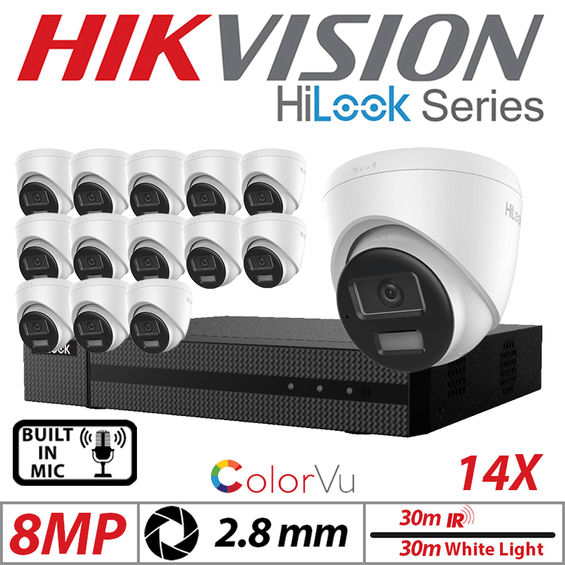 8MP 16CH HIKVISION HILOOK IP KIT - 14X DOME IP POE OUTDOOR COLORVU CAMERA WITH SMART HYBRID LIGHT 2.8MM WHITE