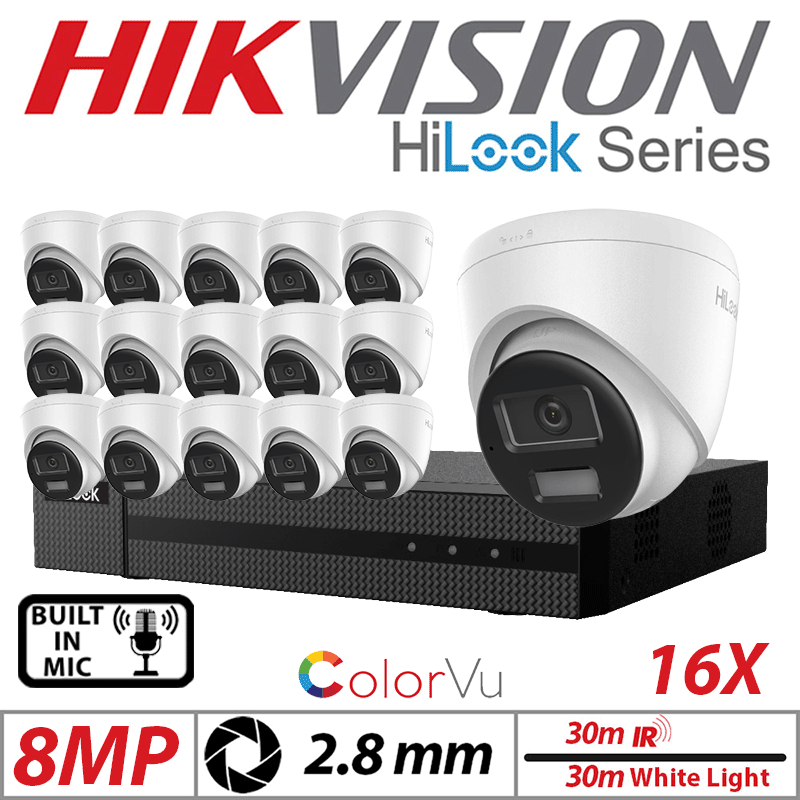 8MP 16CH HIKVISION HILOOK IP KIT - 16X DOME IP POE OUTDOOR COLORVU CAMERA WITH SMART HYBRID LIGHT 2.8MM WHITE