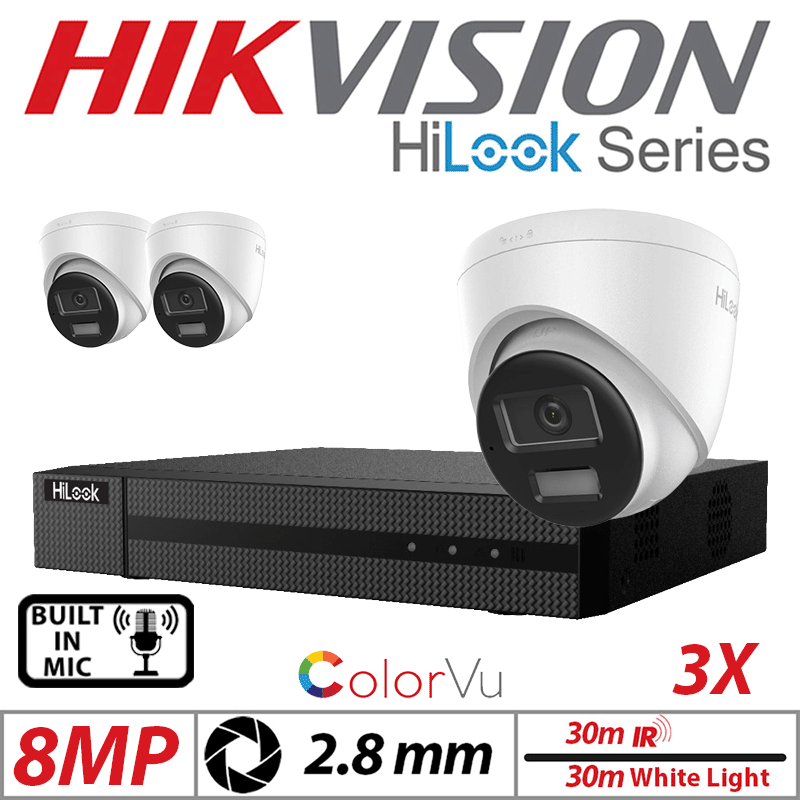 8MP 4CH HIKVISION HILOOK IP KIT - 3X DOME IP POE OUTDOOR COLORVU CAMERA WITH SMART HYBRID LIGHT 2.8MM WHITE