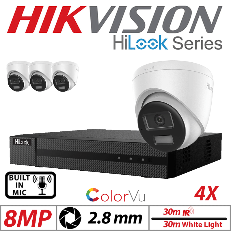 8MP 4CH HIKVISION HILOOK IP KIT - 4X DOME IP POE OUTDOOR COLORVU CAMERA WITH SMART HYBRID LIGHT 2.8MM WHITE