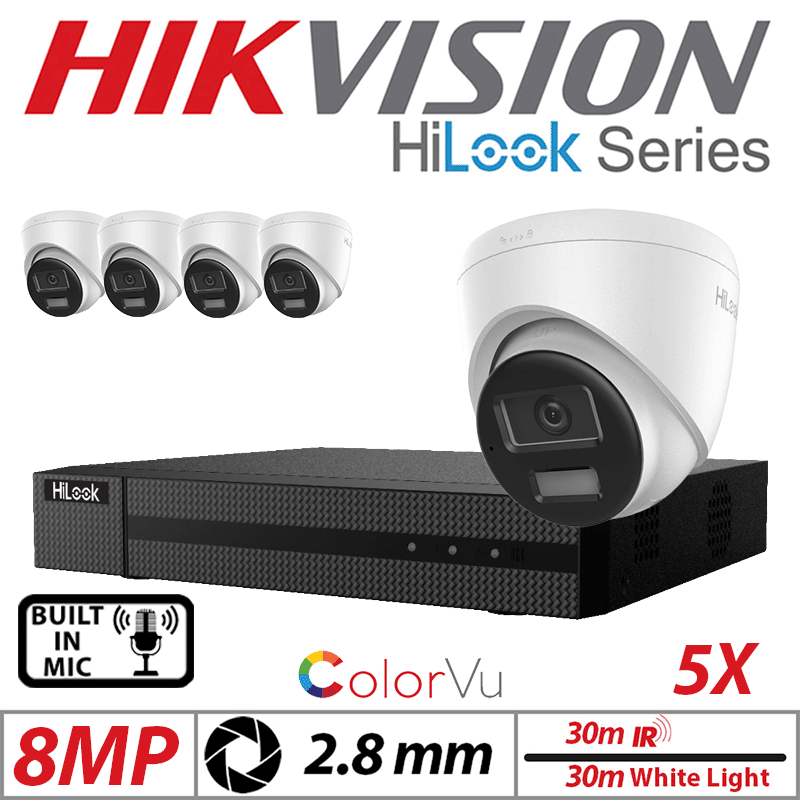 8MP 8CH HIKVISION HILOOK IP KIT - 5X DOME IP POE OUTDOOR COLORVU CAMERA WITH SMART HYBRID LIGHT 2.8MM WHITE