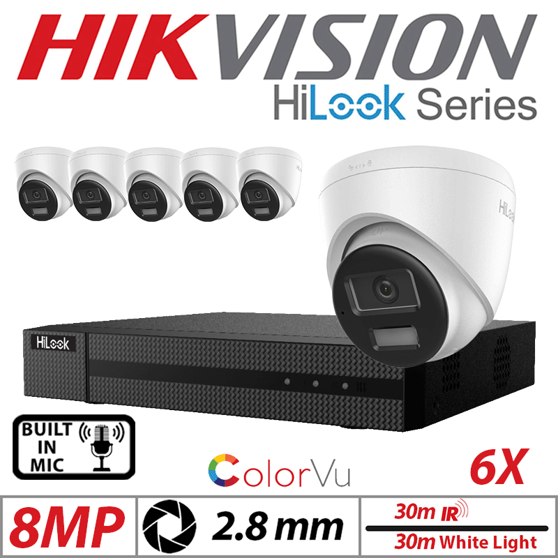 8MP 8CH HIKVISION HILOOK IP KIT - 6X DOME IP POE OUTDOOR COLORVU CAMERA WITH SMART HYBRID LIGHT 2.8MM WHITE