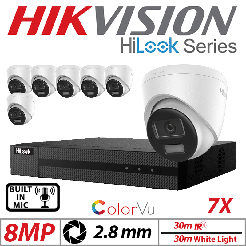 8MP 8CH HIKVISION HILOOK IP KIT - 7X DOME IP POE OUTDOOR COLORVU CAMERA WITH SMART HYBRID LIGHT 2.8MM WHITE