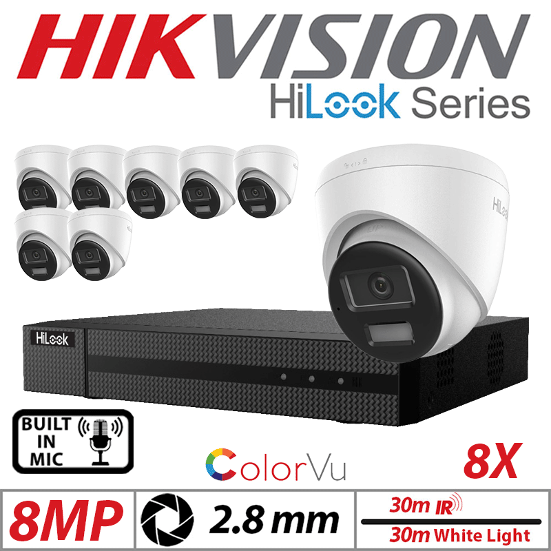 8MP 16CH HIKVISION HILOOK IP KIT - 8X DOME IP POE OUTDOOR COLORVU CAMERA WITH SMART HYBRID LIGHT 2.8MM WHITE