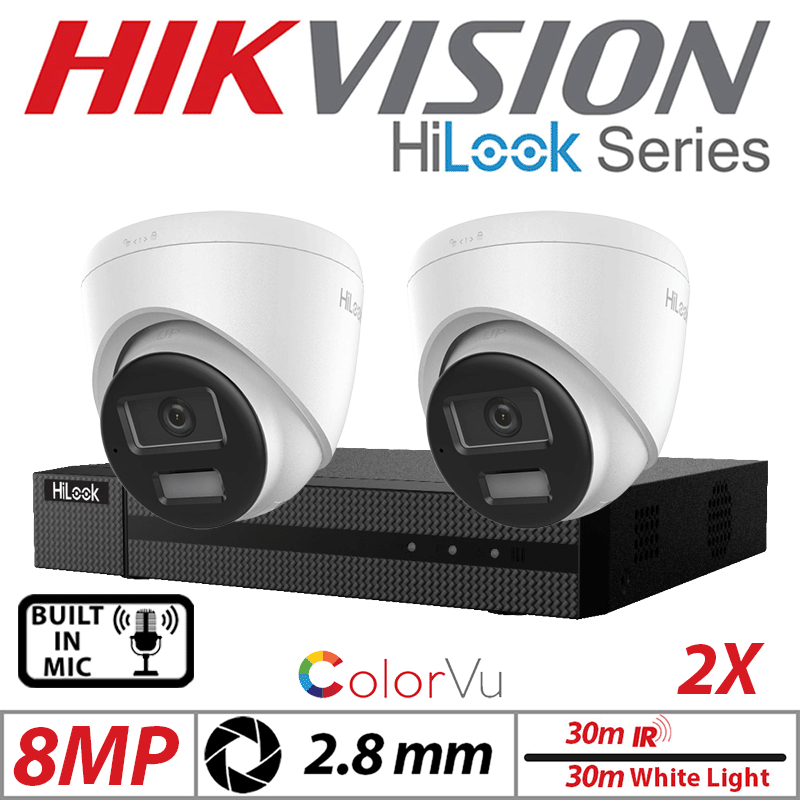 8MP 4CH HIKVISION HILOOK IP KIT - 2X DOME IP POE OUTDOOR COLORVU CAMERA WITH SMART HYBRID LIGHT 2.8MM WHITE