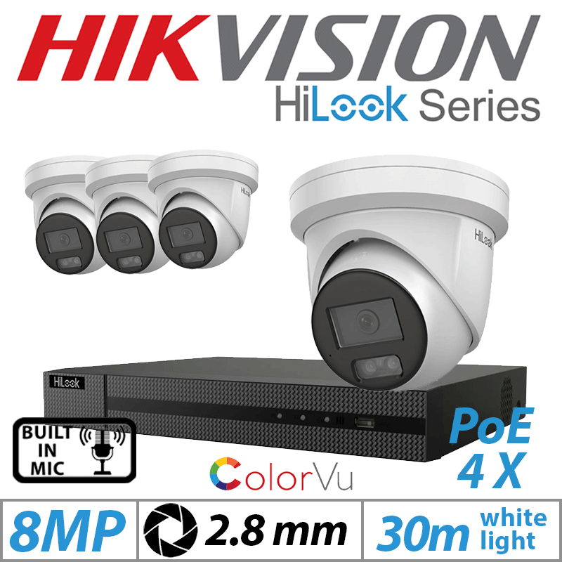 8MP 4CH HIKVISION HILOOK IP KIT - 4X COLORVU IP POE TURRET CAMERA WITH BUILT IN MIC 2.8MM IPC-T289H-MU