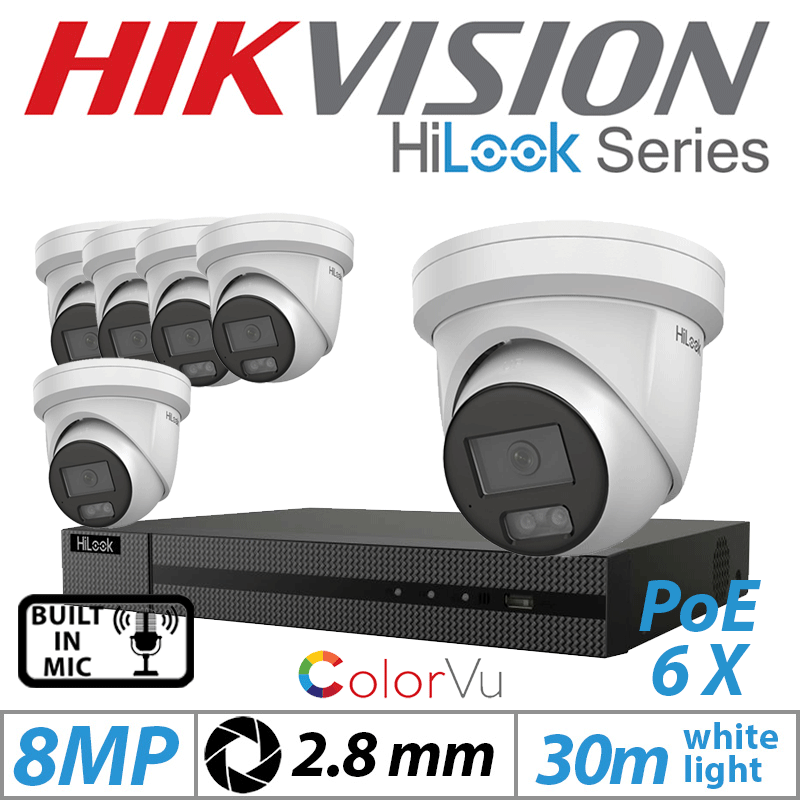 8MP 8CH HIKVISION HILOOK IP KIT - 6X COLORVU IP POE TURRET CAMERA WITH BUILT IN MIC 2.8MM IPC-T289H-MU