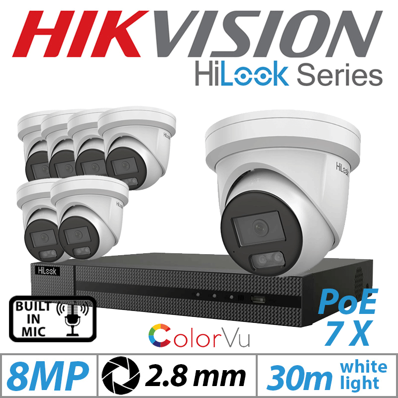 8MP 8CH HIKVISION HILOOK IP KIT - 7X COLORVU IP POE TURRET CAMERA WITH BUILT IN MIC 2.8MM IPC-T289H-MU