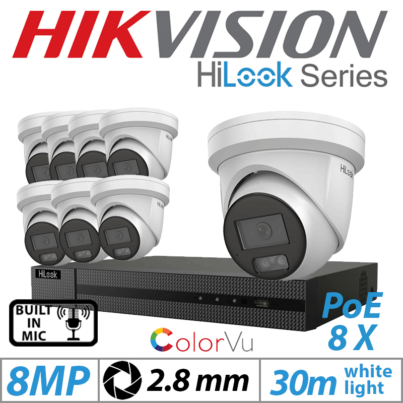 8MP 8CH HIKVISION HILOOK IP KIT - 8X COLORVU IP POE TURRET CAMERA WITH BUILT IN MIC 2.8MM IPC-T289H-MU
