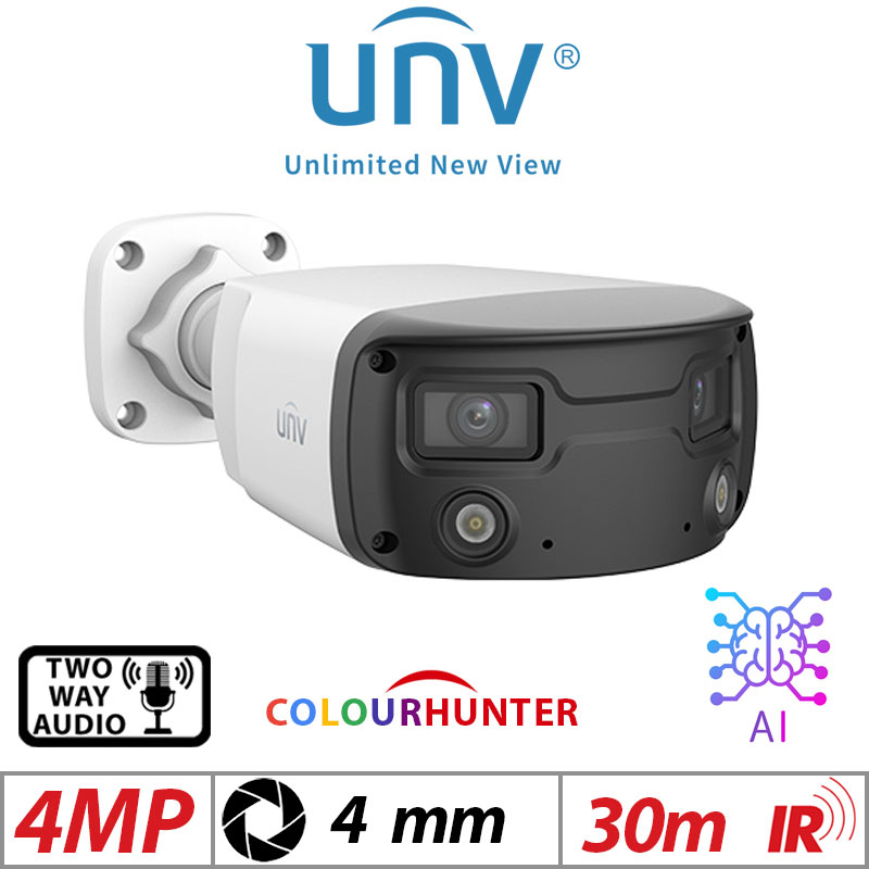 ‌‌‌4MP UNIVIEW COLORHUNTER - 24/7 COLOUR - HD WIDE ANGLE FIXED BULLET NETWORK CAMERA WITH DEEP LEARNING ARTIFICIAL INTELLIGENCE AND 2 WAY AUDIO DUAL LENS 4MM IPC2K24SE-ADF40KMC-WL-I0