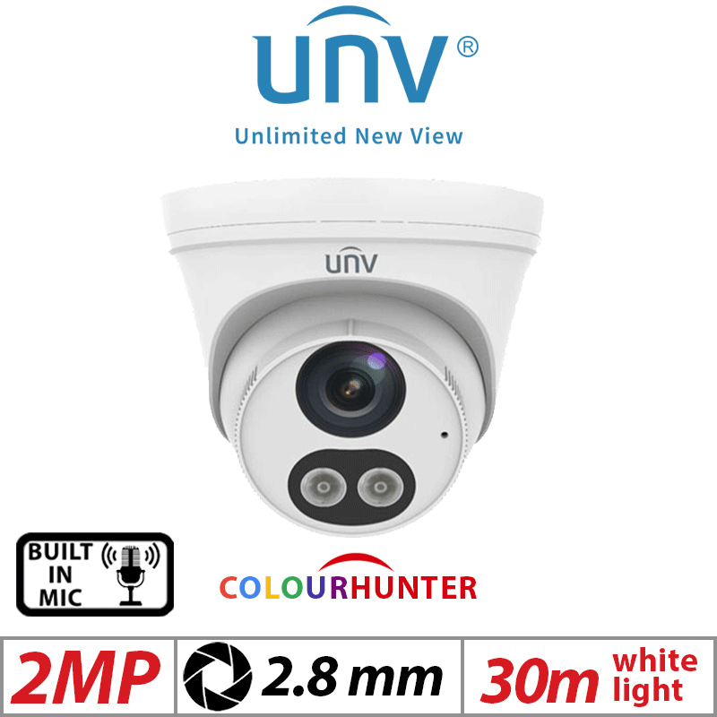 ‌2MP UNIVIEW COLORHUNTER HD TURRET NETWORK CAMERA WITH BUILT IN MIC 2.8MM WHITE IPC3612LB-AF28K-WL