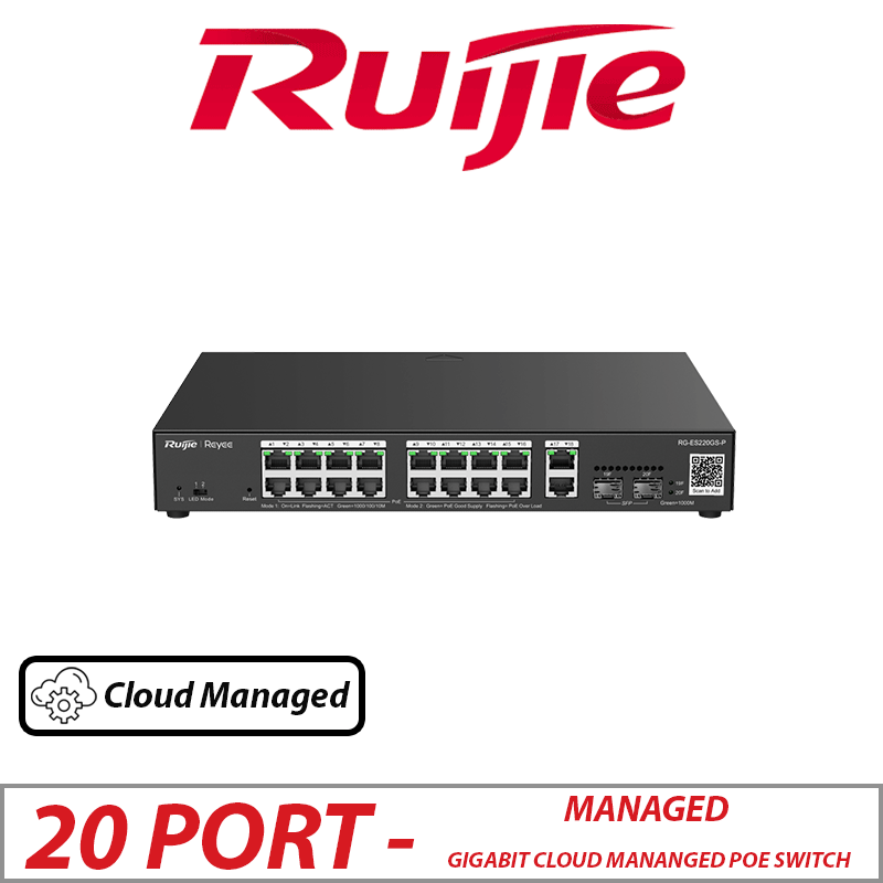 16POE + 2Uplink + 2SFP Port PORT RUIJIE GIGABIT SMART CLOUD MANANGED POE SWITCH RG-ES220GS-P