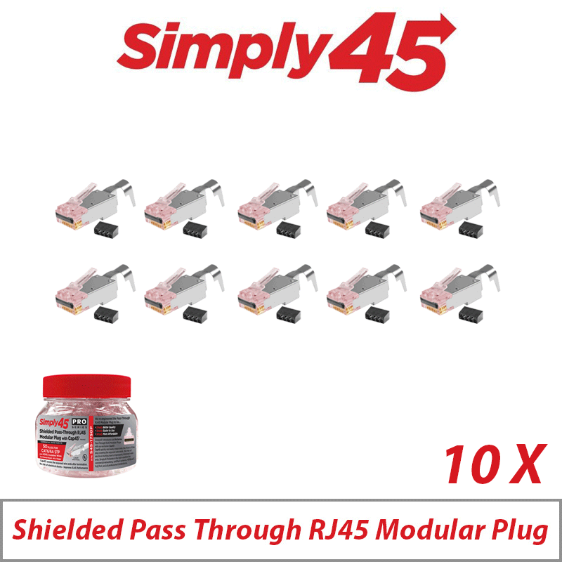 PACK OF 10 PIECES OF SIMPLY45 PRO SERIES PASS THROUGH SHIELDED HI/LO STAGGER CAT6/6A STP WITH CAP45 RED TINT