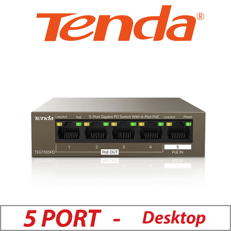 4POE Out + 1POE IN PORT TENDA POE SWITCH POE POWER UP (NO POWER SUPPLY REQUIRED) - TEG1105PD