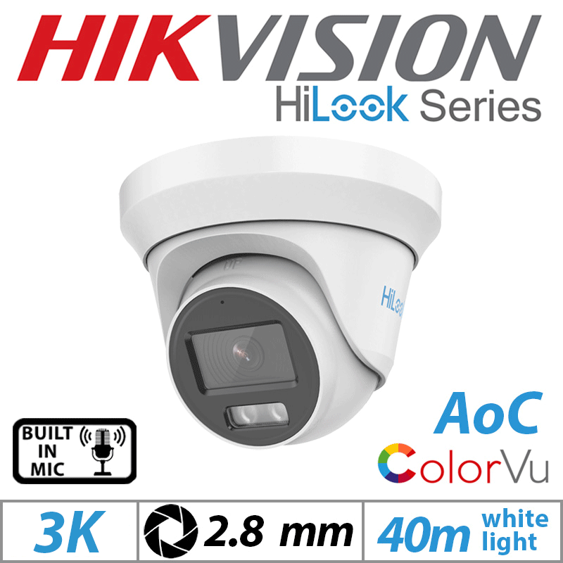 5MP-3K HIKVISION HILOOK COLORVU DOME OUTDOOR AOC CAMERA WITH BUILT IN MIC 2.8MM WHITE THC-T259-MS