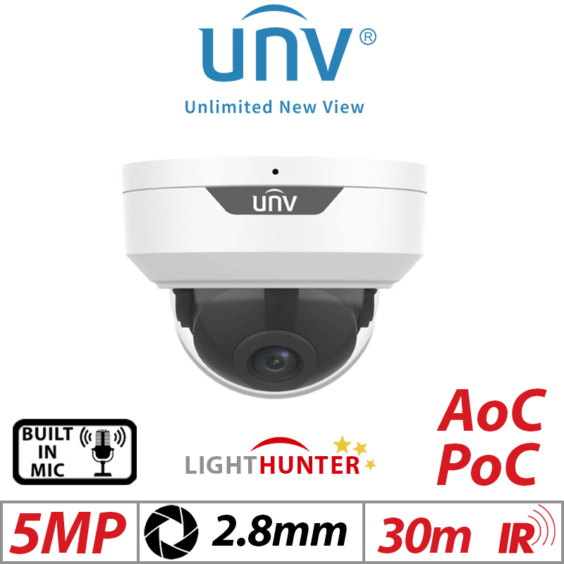 5MP UNIVIEW LIGHTHUNTER POC BUILT-IN MIC DOME ANALOG CAMERA WHITE 2.8MM UAC-D125-APF28M