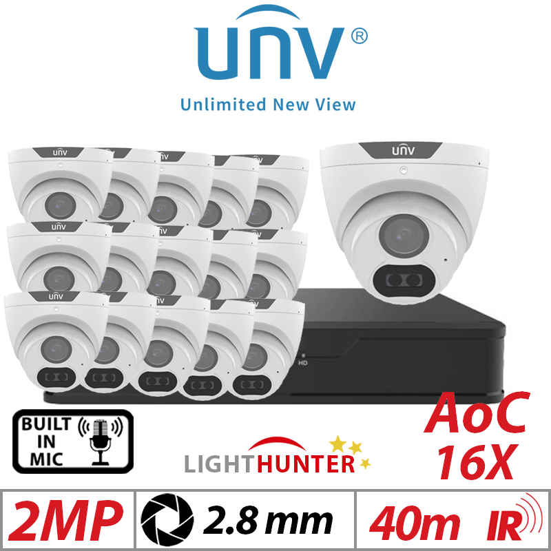 2MP 16CH UNIVIEW - 16X LIGHTHUNTER - BUILT-IN MIC - HD FIXED TURRET ANALOG CAMERA WHITE 2.8MM UAC-T122-AF28LM