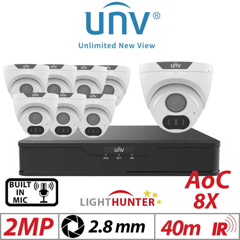 2MP 8CH UNIVIEW - 8X LIGHTHUNTER - BUILT-IN MIC - HD FIXED TURRET ANALOG CAMERA WHITE 2.8MM UAC-T122-AF28LM