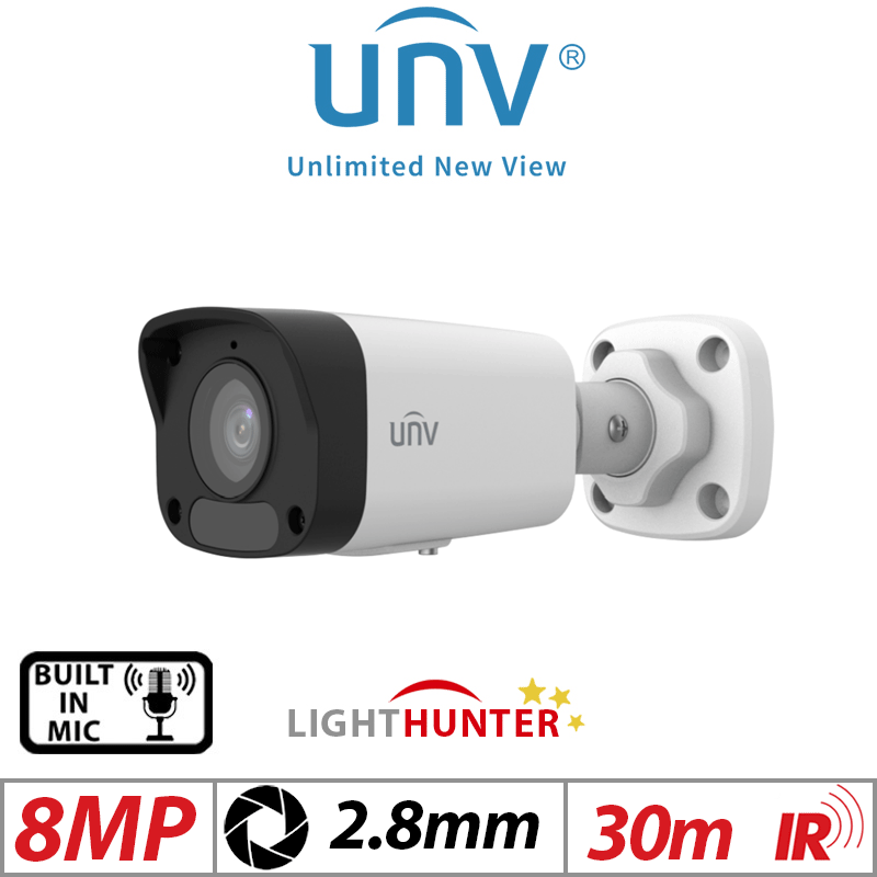 8MP UNIVIEW LIGHT HUNTER MINI BULLET NETWORK CAMERA 2.8MM WHITE IPC2128LB-ADF28K-G