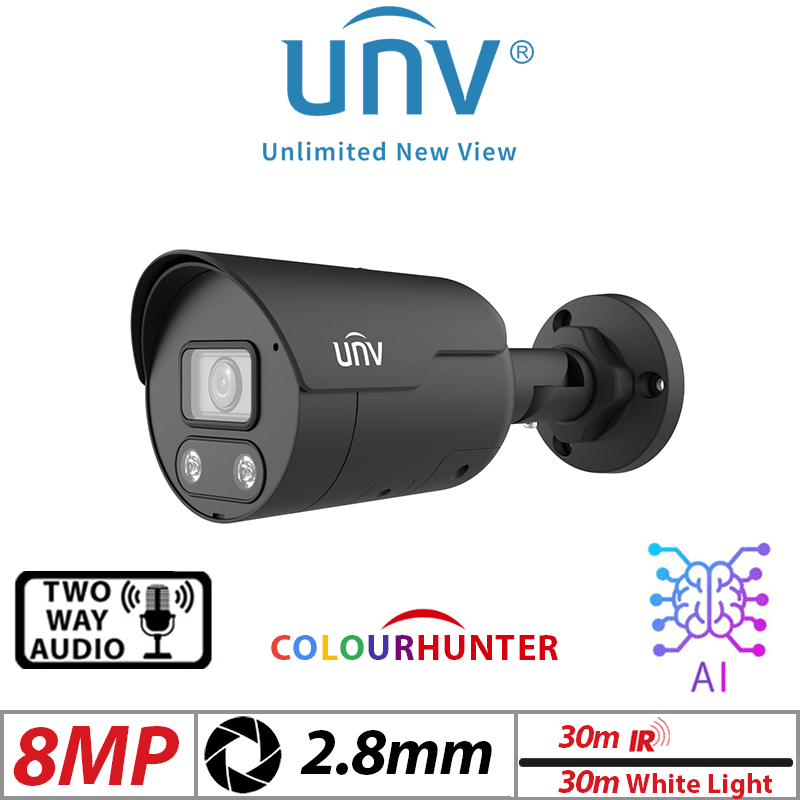 8MP 4K UNIVIEW HD INTELLIGENT LIGHT AND AUDIBLE WARNING BULLET NETWORK CAMERA WITH BUILT IN MIC 2.8MM IPC2128SB-ADF28KMC-I0-BLACK