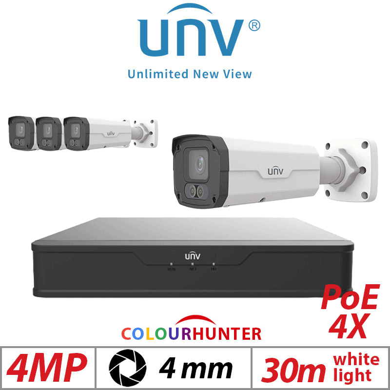 4MP 8CH UNIVIEW IP KIT - 4X COLORHUNTER - 24/7 COLOUR - DUAL ILLUMINATORS BULLET NETWORK CAMERA WITH DEEP LEARNING ARTIFICIAL INTELLIGENCE 4MM IPC2224SE-DF40K-WL-I0