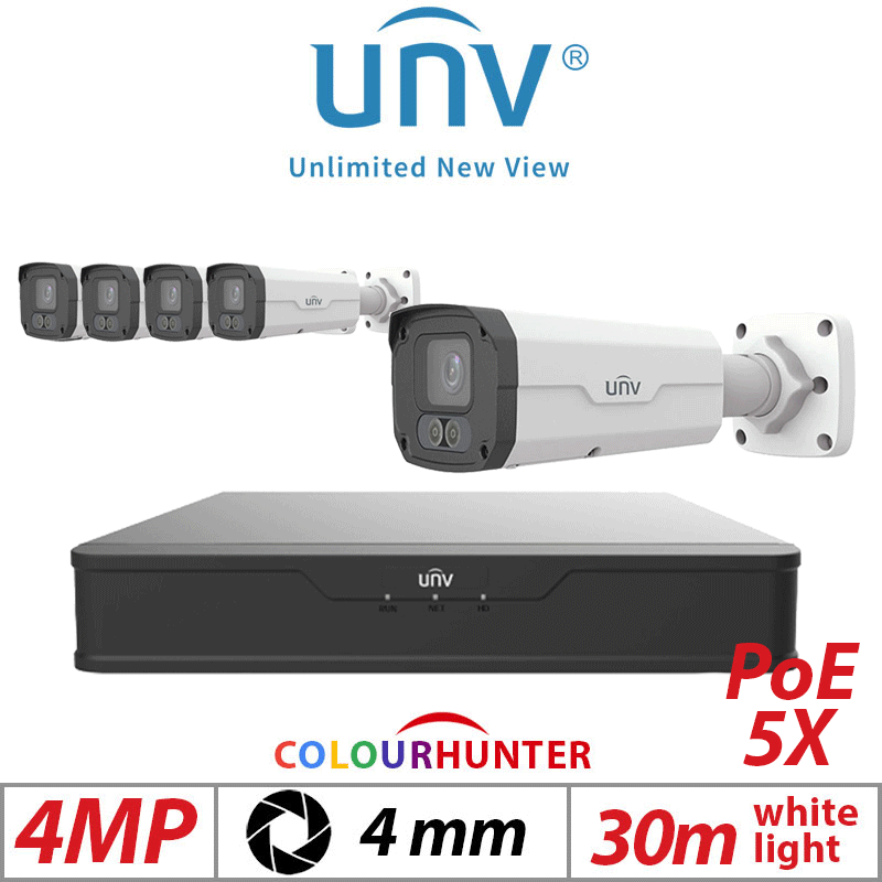 4MP 8CH UNIVIEW IP KIT - 5X COLORHUNTER - 24/7 COLOUR - DUAL ILLUMINATORS BULLET NETWORK CAMERA WITH DEEP LEARNING ARTIFICIAL INTELLIGENCE 4MM IPC2224SE-DF40K-WL-I0