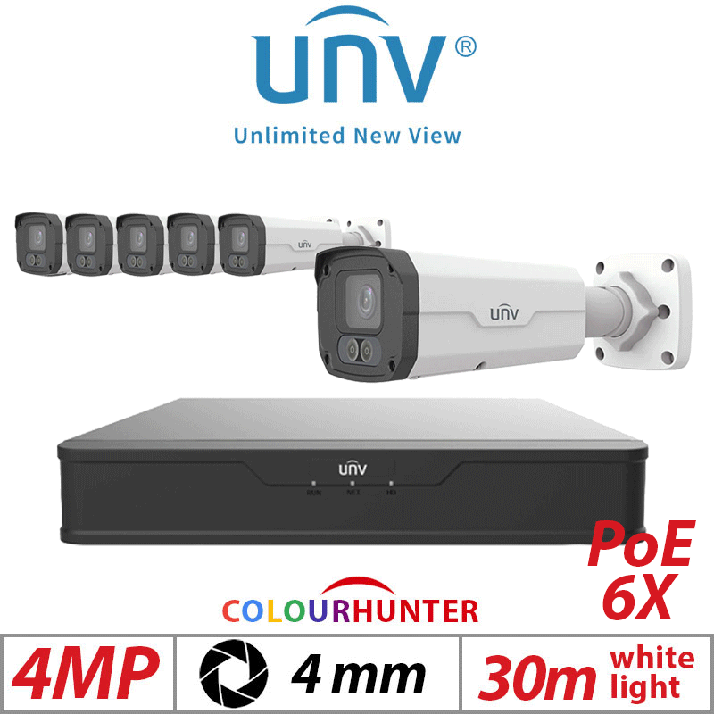 4MP 8CH UNIVIEW IP KIT - 6X COLORHUNTER - 24/7 COLOUR - DUAL ILLUMINATORS BULLET NETWORK CAMERA WITH DEEP LEARNING ARTIFICIAL INTELLIGENCE 4MM IPC2224SE-DF40K-WL-I0