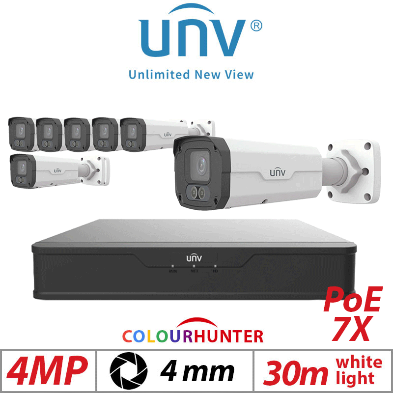 4MP 8CH UNIVIEW IP KIT - 7X COLORHUNTER - 24/7 COLOUR - DUAL ILLUMINATORS BULLET NETWORK CAMERA WITH DEEP LEARNING ARTIFICIAL INTELLIGENCE 4MM IPC2224SE-DF40K-WL-I0